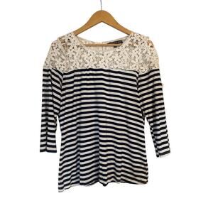 Brixton Ivy Women's Soft 3/4 Sleeve Striped Lace Pullover Top Size XL Blue White